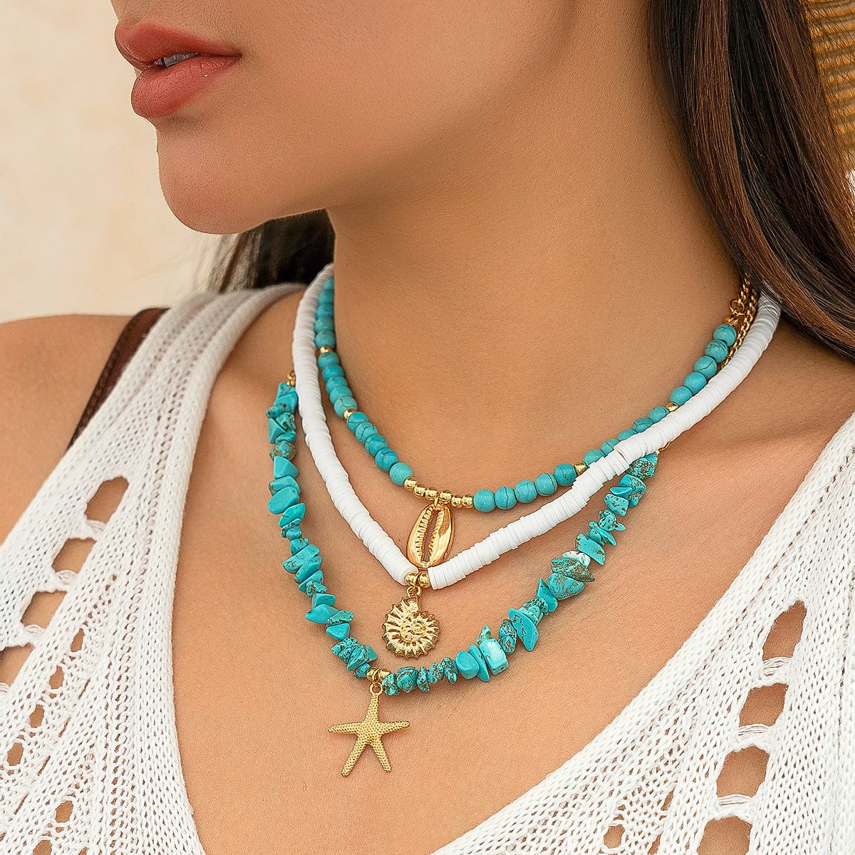 Chic Conch Starfish Pendant Turquoise Polymer Clay Chain Necklace Set - ArtGalleryZen