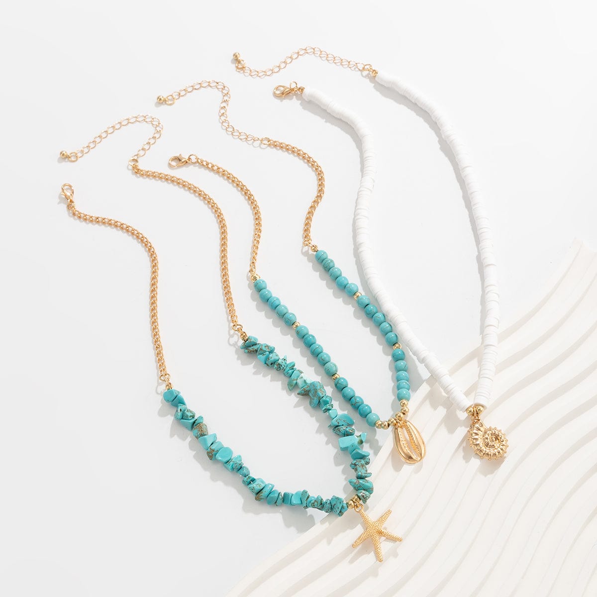 Chic Conch Starfish Pendant Turquoise Polymer Clay Chain Necklace Set - ArtGalleryZen
