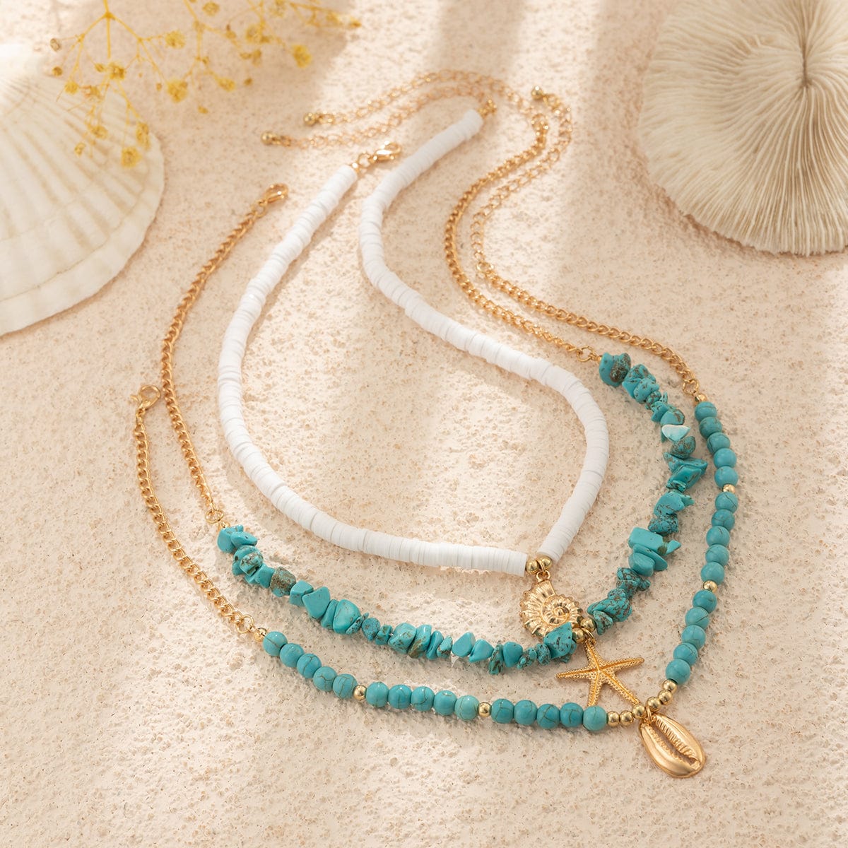 Chic Conch Starfish Pendant Turquoise Polymer Clay Chain Necklace Set - ArtGalleryZen