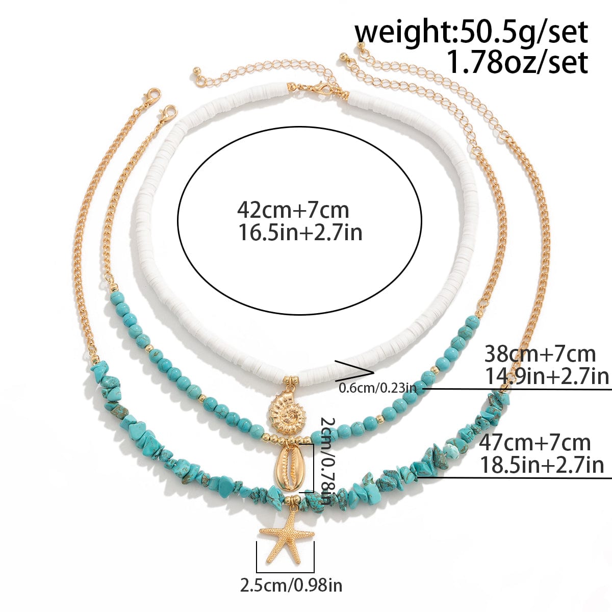 Chic Conch Starfish Pendant Turquoise Polymer Clay Chain Necklace Set - ArtGalleryZen