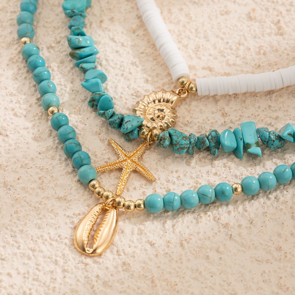 Chic Conch Starfish Pendant Turquoise Polymer Clay Chain Necklace Set - ArtGalleryZen