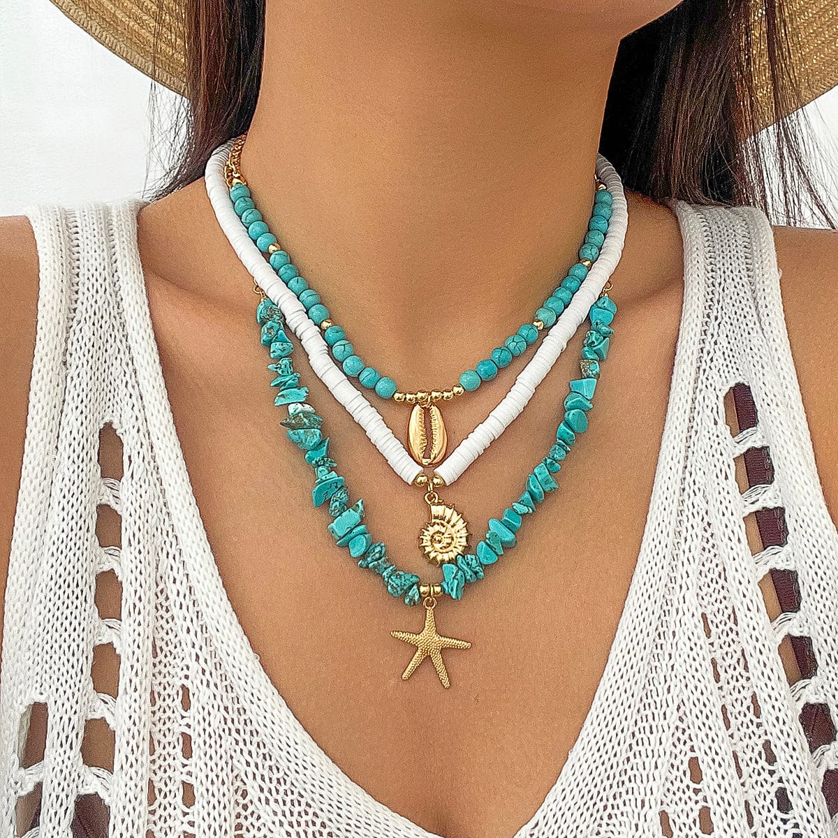 Chic Conch Starfish Pendant Turquoise Polymer Clay Chain Necklace Set