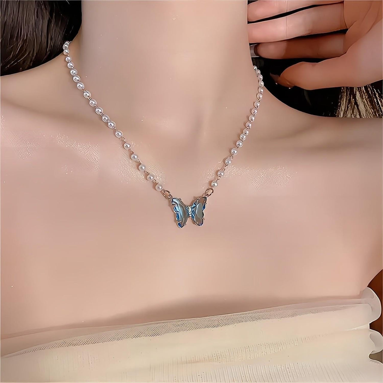 Chic Crystal Butterfly Pendant Pearl Chain Necklace - ArtGalleryZen