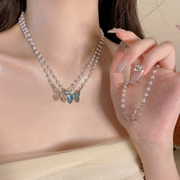 Thumbnail for Chic Crystal Butterfly Pendant Pearl Chain Necklace - ArtGalleryZen