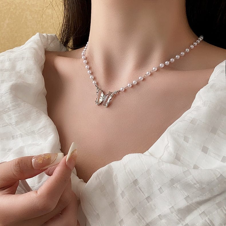 Chic Crystal Butterfly Pendant Pearl Chain Necklace - ArtGalleryZen