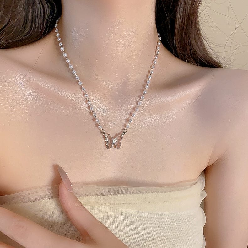 Chic Crystal Butterfly Pendant Pearl Chain Necklace - ArtGalleryZen