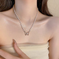 Thumbnail for Chic Crystal Butterfly Pendant Pearl Chain Necklace - ArtGalleryZen