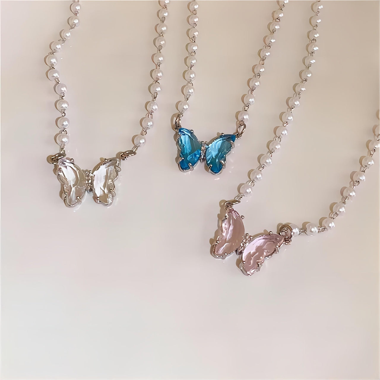 Chic Crystal Butterfly Pendant Pearl Chain Necklace - ArtGalleryZen