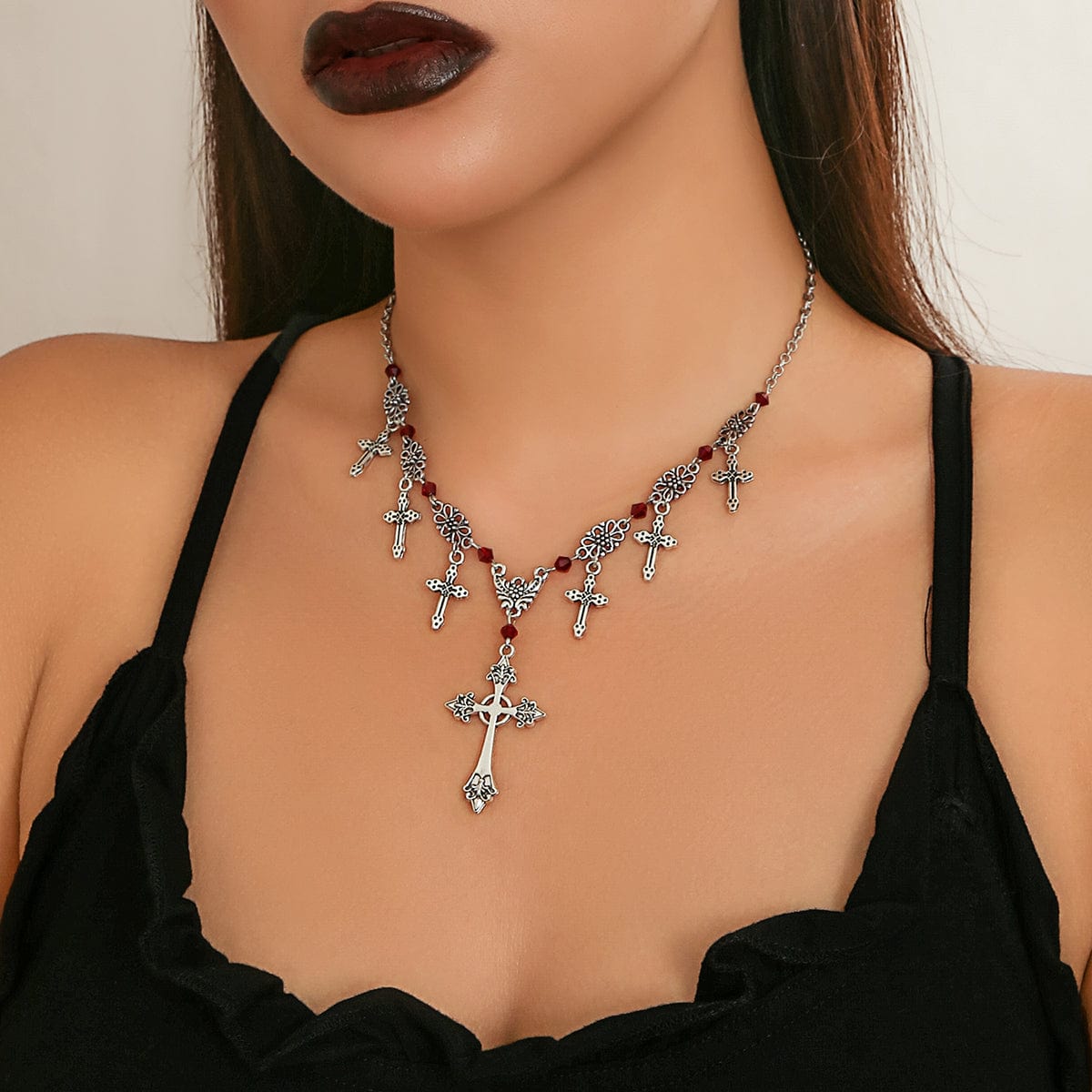 Chic Crystal Charm Antique Cross Tassel Necklace - ArtGalleryZen