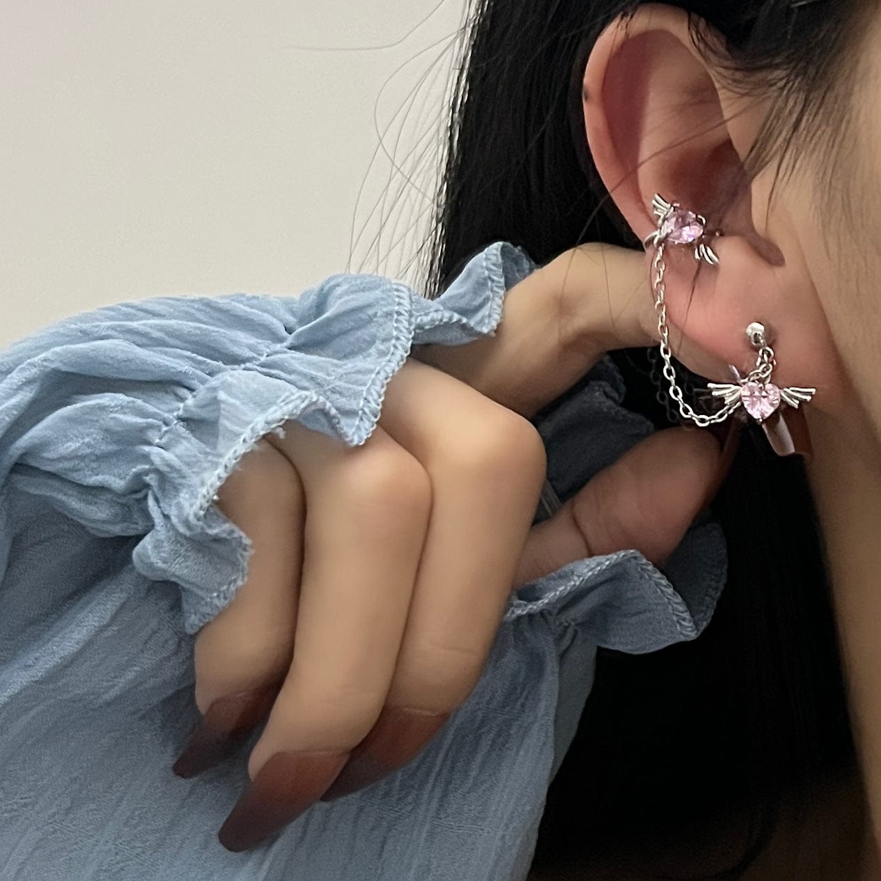 Chic Crystal Heart Angel Wings Ear Cuff Stud Chain Earrings - ArtGalleryZen