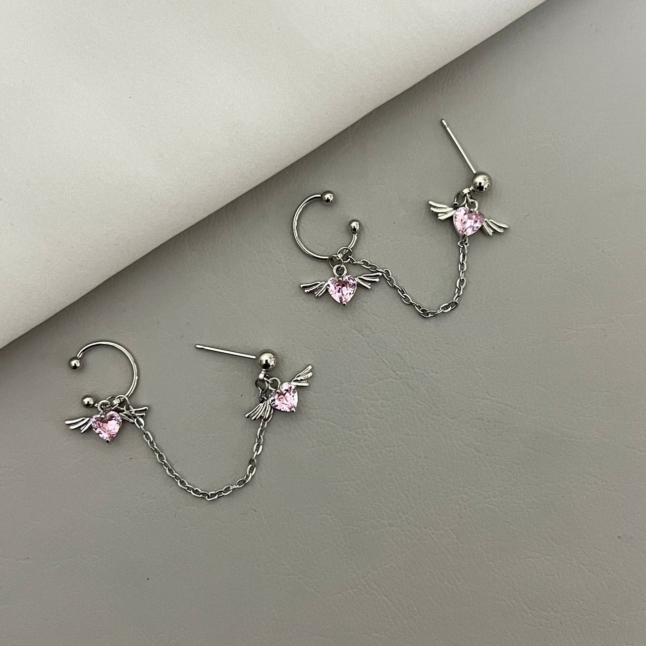 Chic Crystal Heart Angel Wings Ear Cuff Stud Chain Earrings - ArtGalleryZen