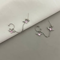 Thumbnail for Chic Crystal Heart Angel Wings Ear Cuff Stud Chain Earrings - ArtGalleryZen
