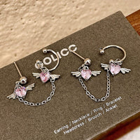 Thumbnail for Chic Crystal Heart Angel Wings Ear Cuff Stud Chain Earrings - ArtGalleryZen