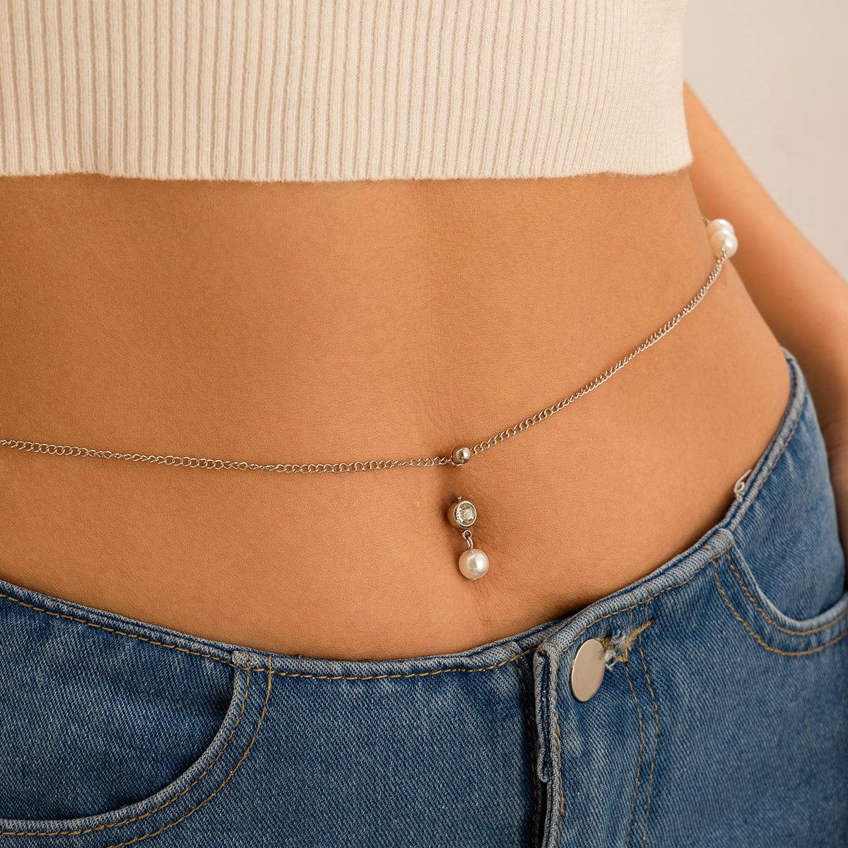 Chic Crystal Inlaid Pearl Charm Navel Piercing Belly Chain