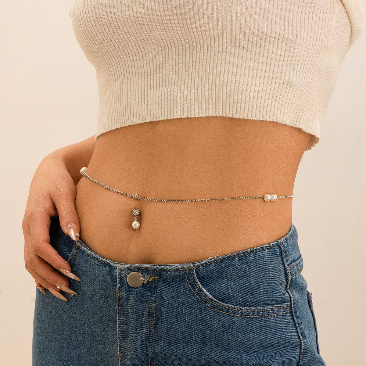 Chic Crystal Inlaid Pearl Charm Navel Piercing Belly Chain