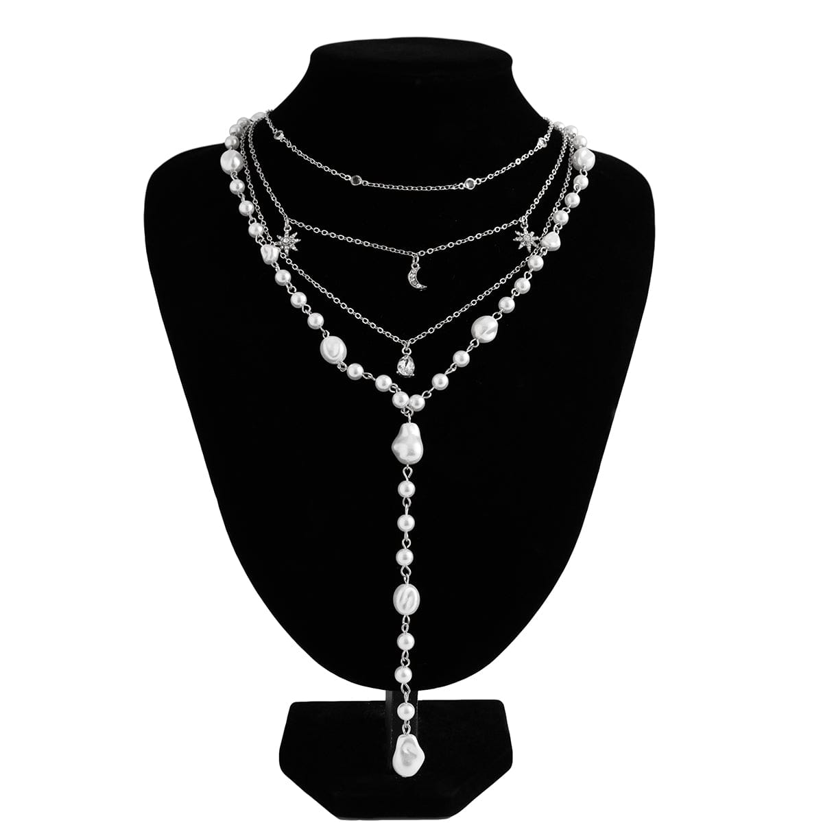 Chic Crystal Inlaid Sun Moon Pendant Irregular Pearl Chain Y Necklace Set