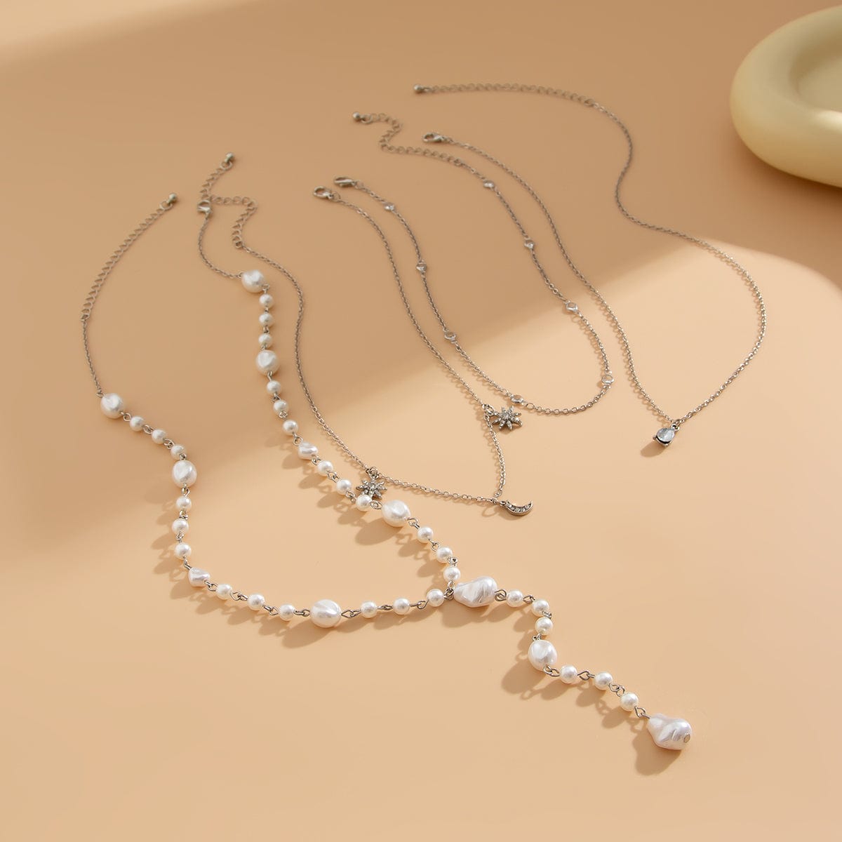 Chic Crystal Inlaid Sun Moon Pendant Irregular Pearl Chain Y Necklace Set