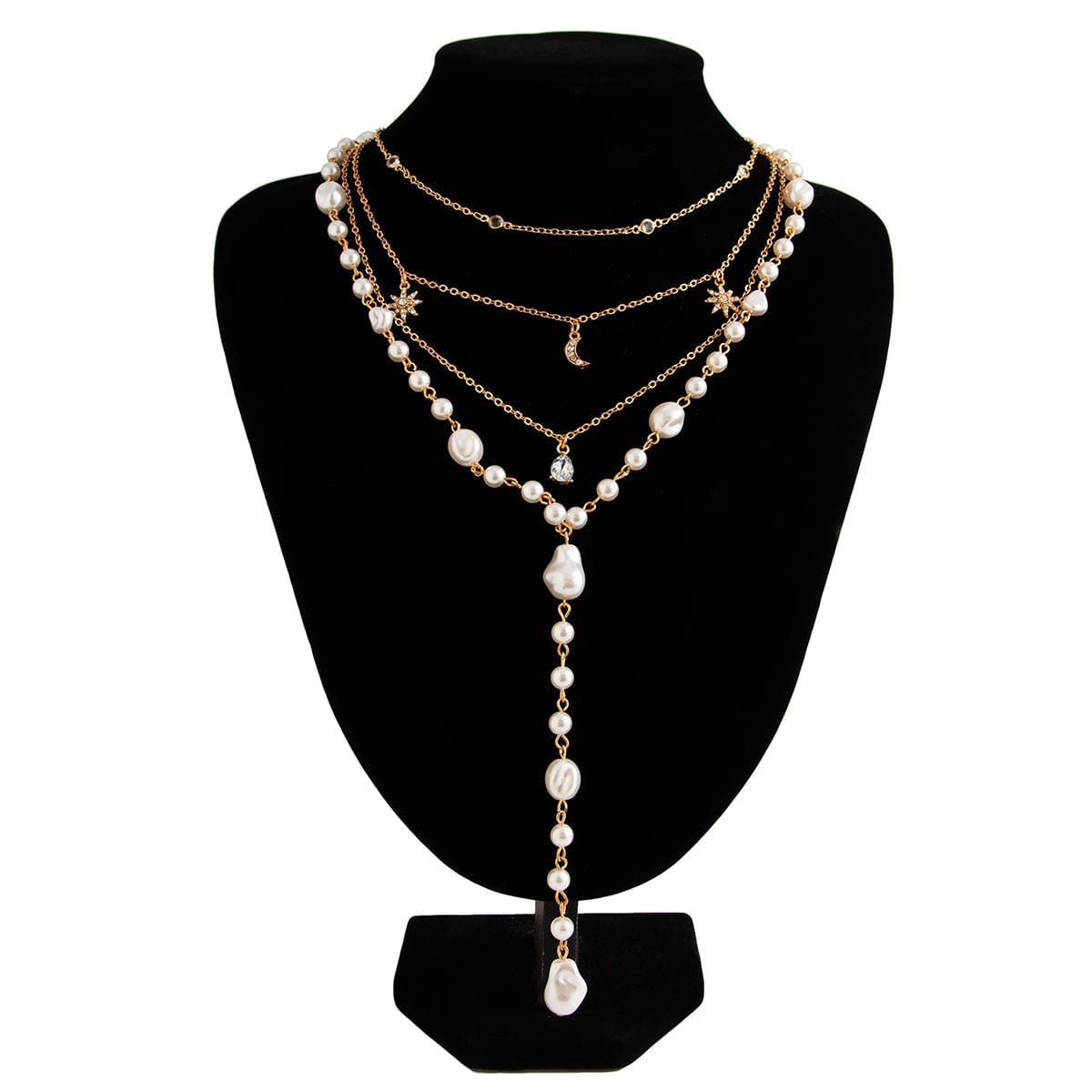 Chic Crystal Inlaid Sun Moon Pendant Irregular Pearl Chain Y Necklace Set