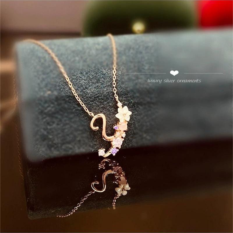 Chic Crystal Opal Inlaid Floral Alphabet Monogram Letter Necklace - ArtGalleryZen