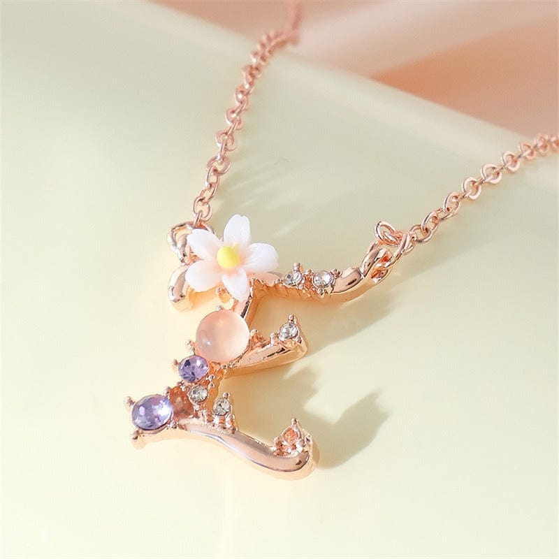 Chic Crystal Opal Inlaid Floral Alphabet Monogram Letter Necklace - ArtGalleryZen
