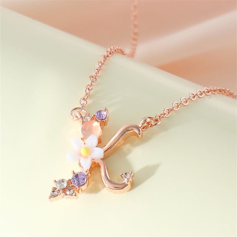 Chic Crystal Opal Inlaid Floral Alphabet Monogram Letter Necklace - ArtGalleryZen