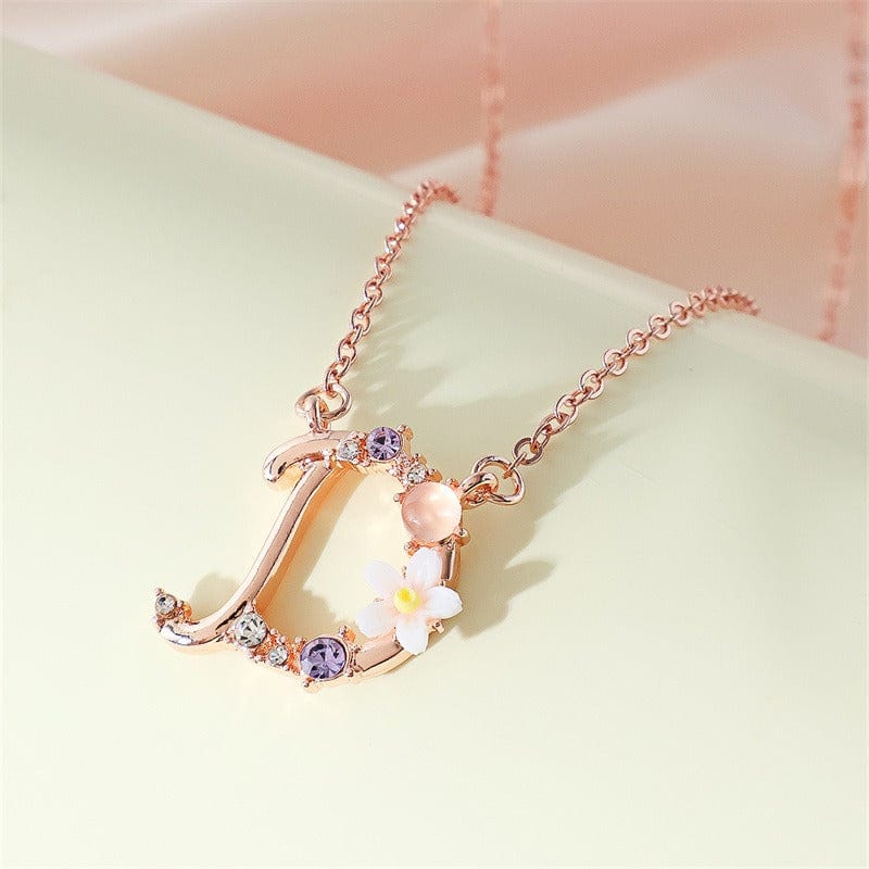 Chic Crystal Opal Inlaid Floral Alphabet Monogram Letter Necklace - ArtGalleryZen