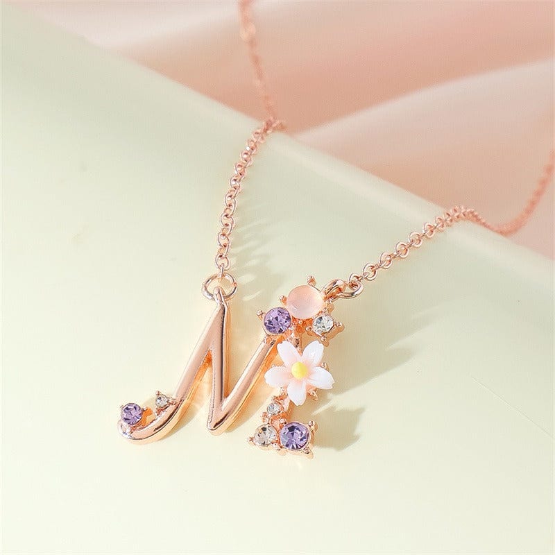 Chic Crystal Opal Inlaid Floral Alphabet Monogram Letter Necklace - ArtGalleryZen