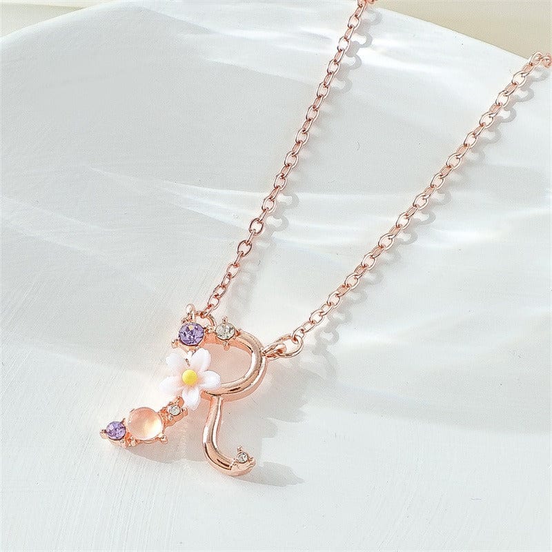 Chic Crystal Opal Inlaid Floral Alphabet Monogram Letter Necklace - ArtGalleryZen