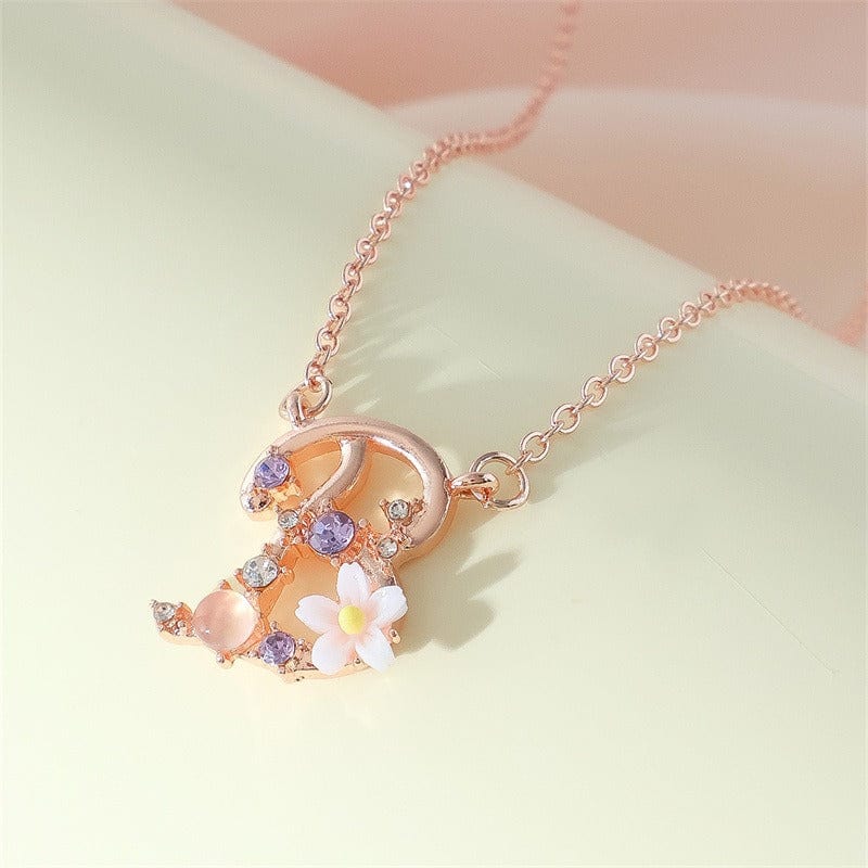 Chic Crystal Opal Inlaid Floral Alphabet Monogram Letter Necklace - ArtGalleryZen