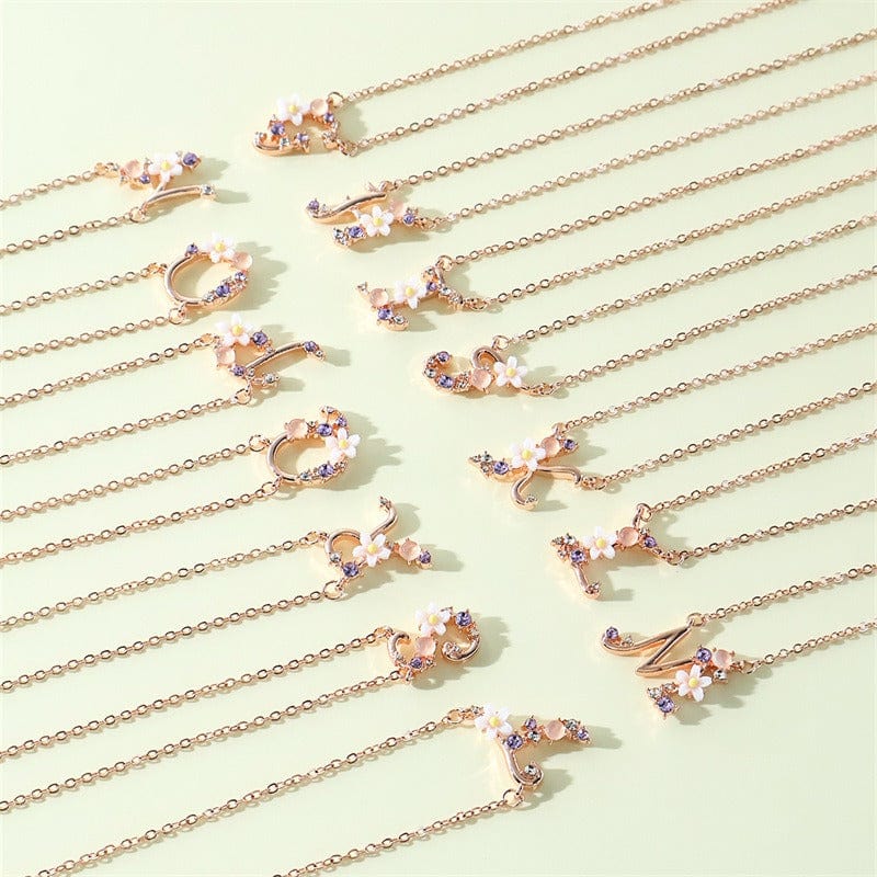 Chic Crystal Opal Inlaid Floral Alphabet Monogram Letter Necklace - ArtGalleryZen