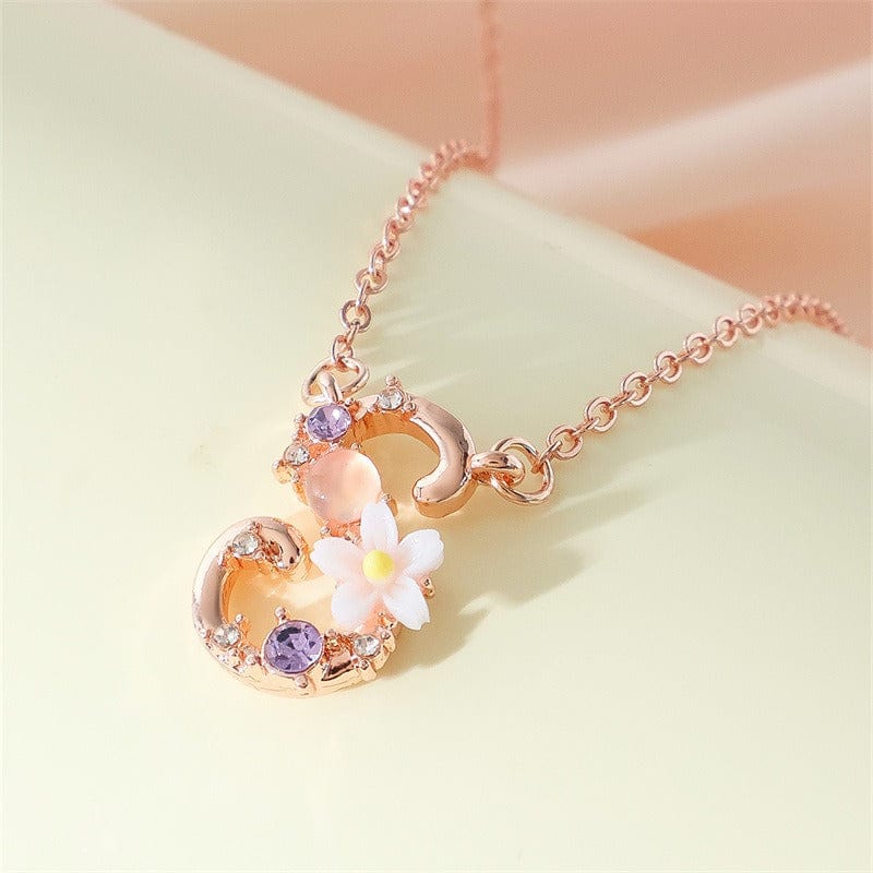 Chic Crystal Opal Inlaid Floral Alphabet Monogram Letter Necklace - ArtGalleryZen