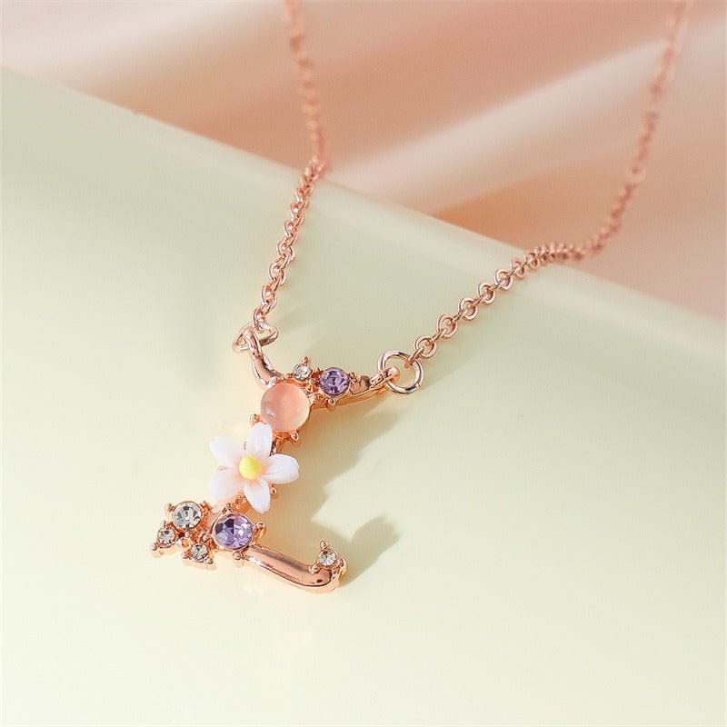 Chic Crystal Opal Inlaid Floral Alphabet Monogram Letter Necklace - ArtGalleryZen