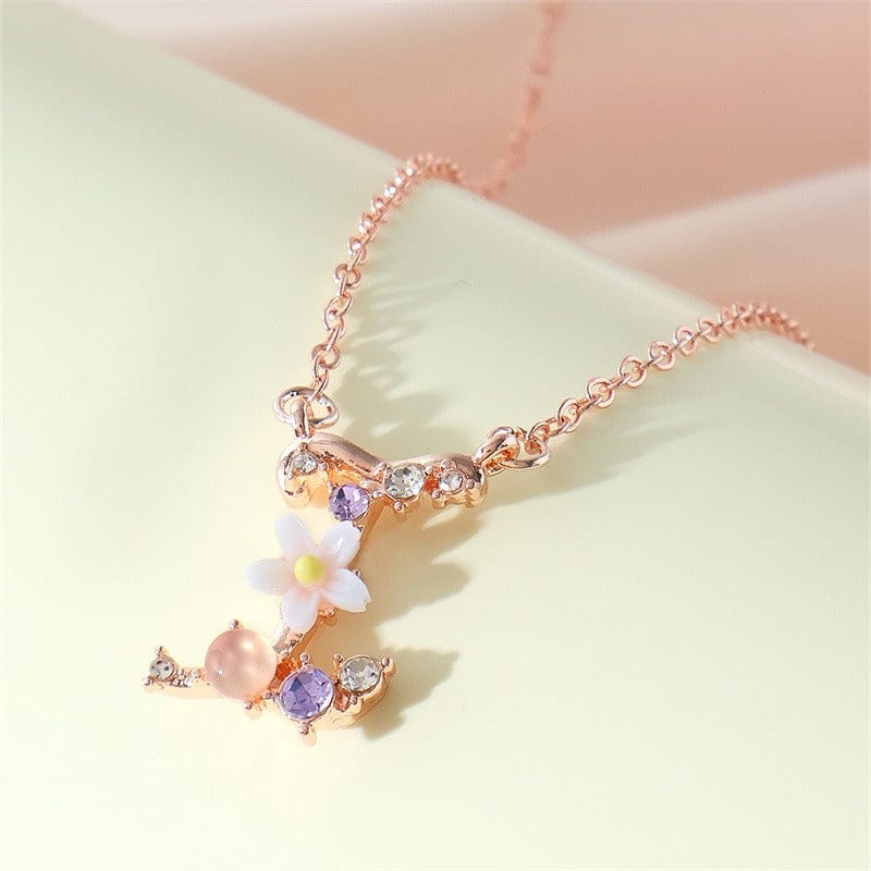 Chic Crystal Opal Inlaid Floral Alphabet Monogram Letter Necklace - ArtGalleryZen