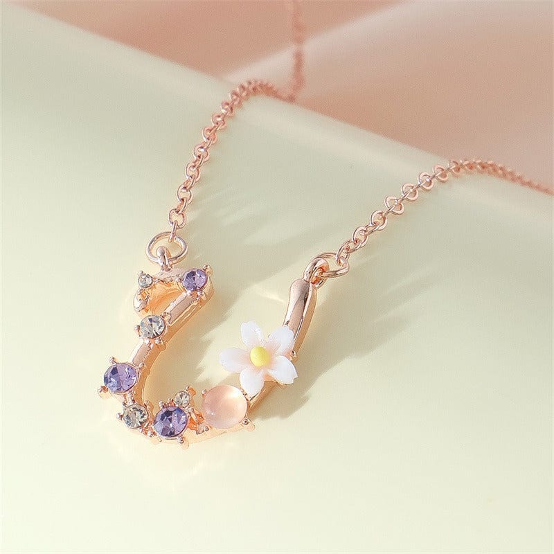 Chic Crystal Opal Inlaid Floral Alphabet Monogram Letter Necklace - ArtGalleryZen