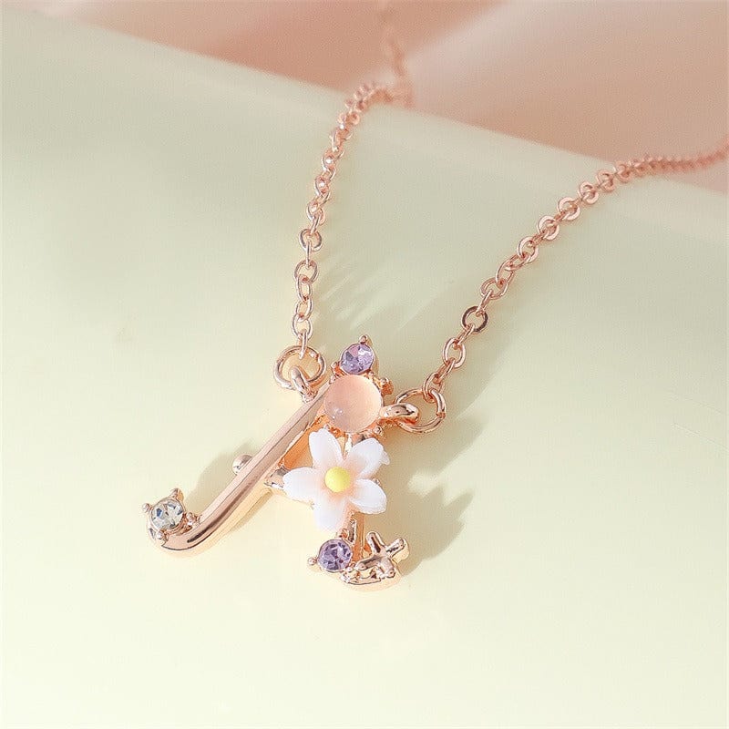 Chic Crystal Opal Inlaid Floral Alphabet Monogram Letter Necklace - ArtGalleryZen