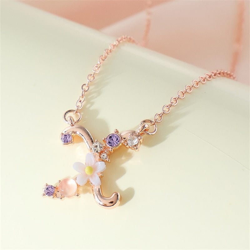 Chic Crystal Opal Inlaid Floral Alphabet Monogram Letter Necklace - ArtGalleryZen