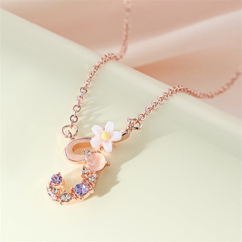 Chic Crystal Opal Inlaid Floral Alphabet Monogram Letter Necklace - ArtGalleryZen