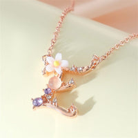 Thumbnail for Chic Crystal Opal Inlaid Floral Alphabet Monogram Letter Necklace - ArtGalleryZen