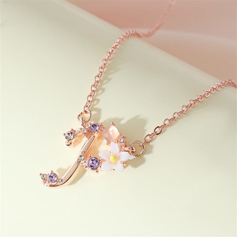 Chic Crystal Opal Inlaid Floral Alphabet Monogram Letter Necklace - ArtGalleryZen