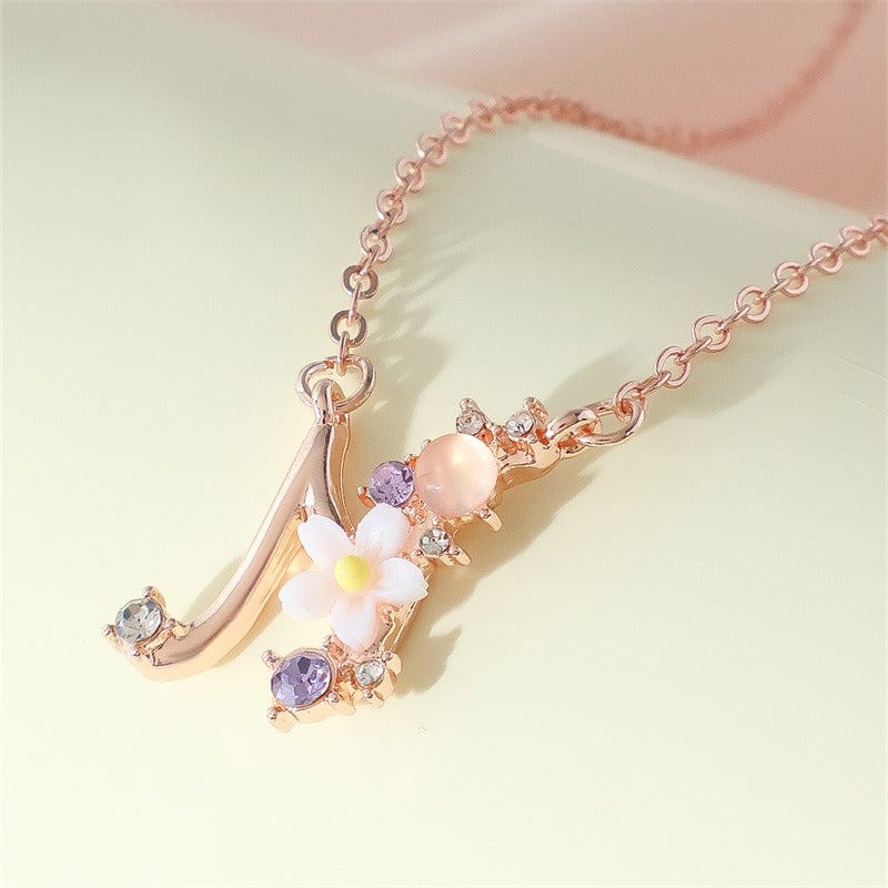 Chic Crystal Opal Inlaid Floral Alphabet Monogram Letter Necklace - ArtGalleryZen