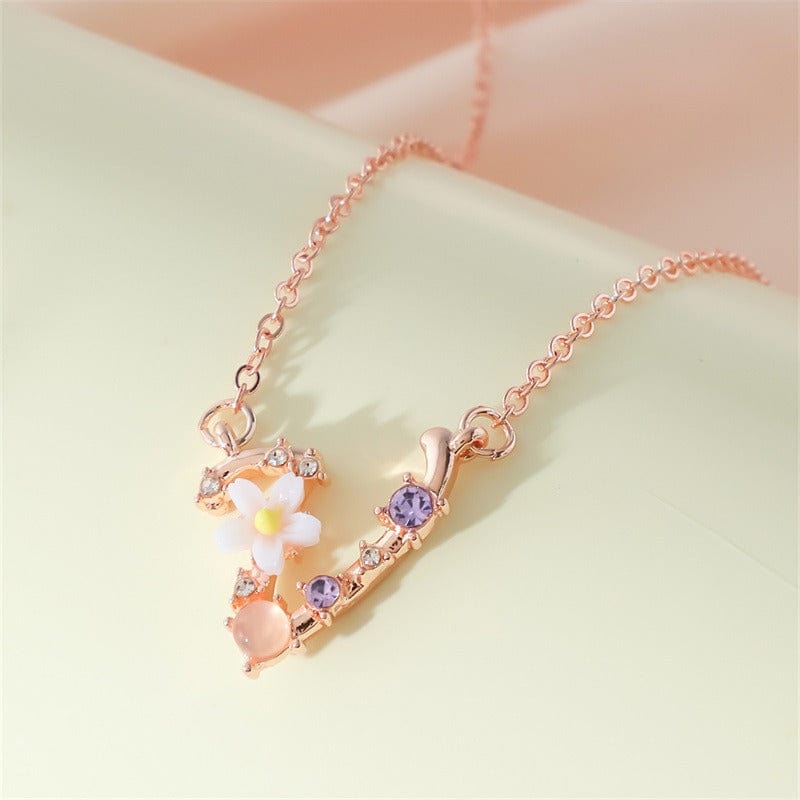 Chic Crystal Opal Inlaid Floral Alphabet Monogram Letter Necklace - ArtGalleryZen