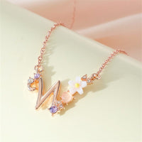 Thumbnail for Chic Crystal Opal Inlaid Floral Alphabet Monogram Letter Necklace - ArtGalleryZen