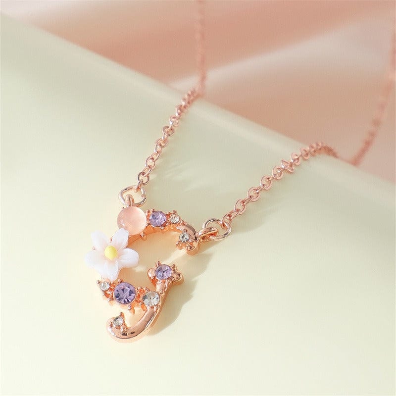 Chic Crystal Opal Inlaid Floral Alphabet Monogram Letter Necklace - ArtGalleryZen