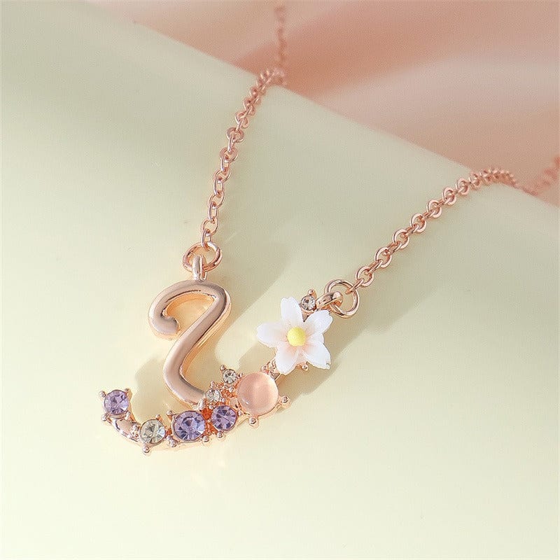 Chic Crystal Opal Inlaid Floral Alphabet Monogram Letter Necklace - ArtGalleryZen