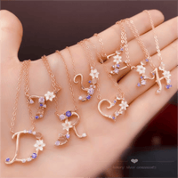 Thumbnail for Chic Crystal Opal Inlaid Floral Alphabet Monogram Letter Necklace - ArtGalleryZen