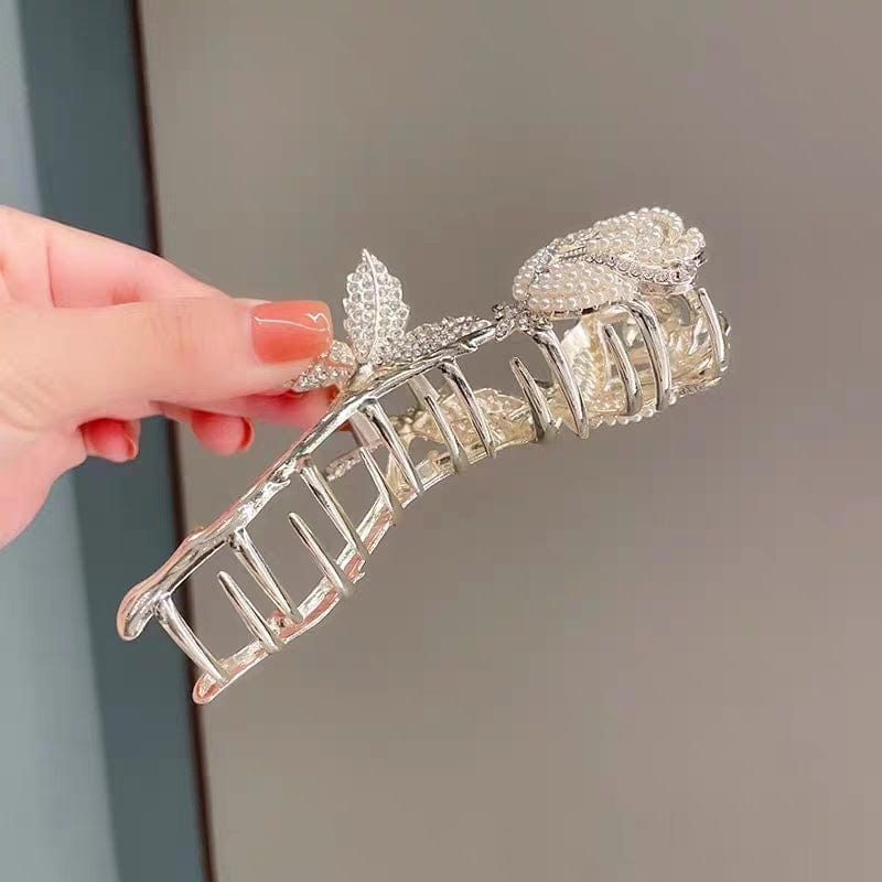 Chic Crystal Pearl Inlaid Rose Chignon Claw Clip Hair Clip - ArtGalleryZen