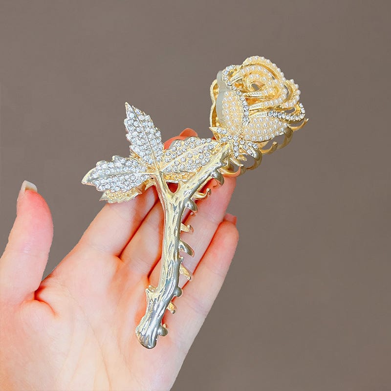 Chic Crystal Pearl Inlaid Rose Chignon Claw Clip Hair Clip - ArtGalleryZen