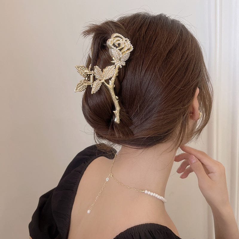 Chic Crystal Pearl Inlaid Rose Chignon Claw Clip Hair Clip - ArtGalleryZen