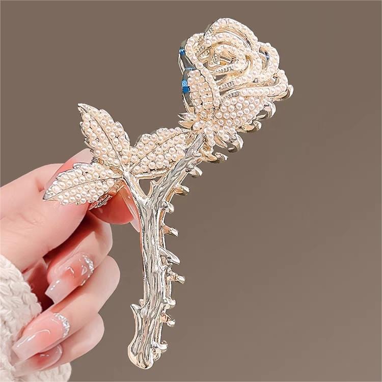 Chic Crystal Pearl Inlaid Rose Chignon Claw Clip Hair Clip - ArtGalleryZen