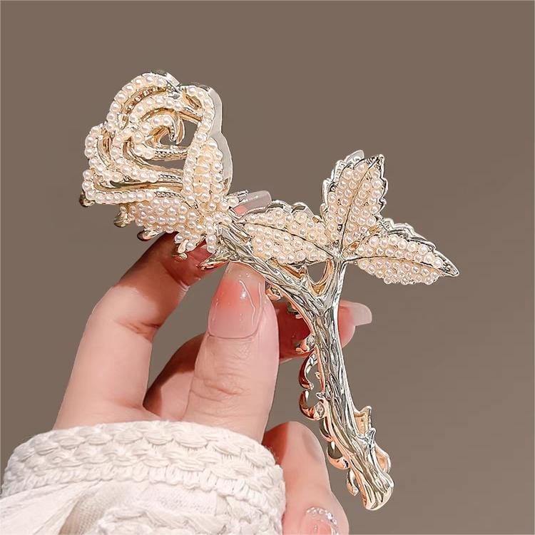 Chic Crystal Pearl Inlaid Rose Chignon Claw Clip Hair Clip - ArtGalleryZen
